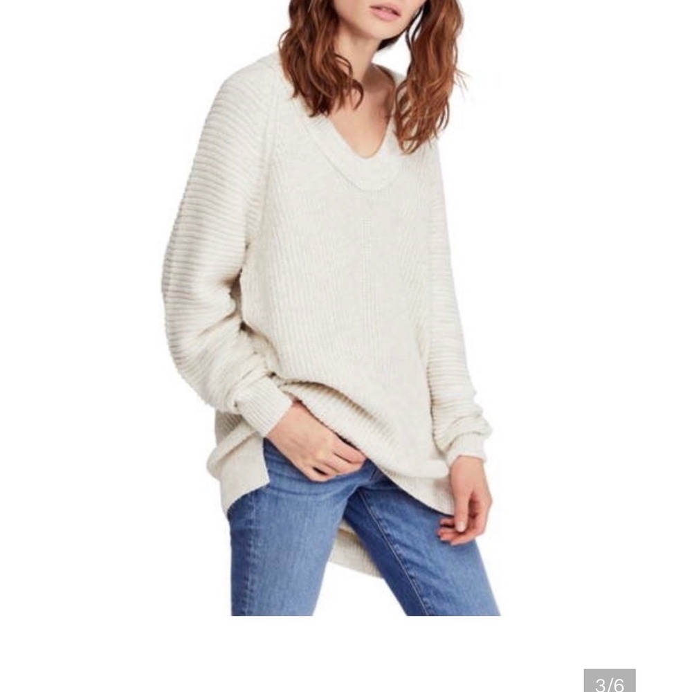 Free People Sunday Scoop Neck Sweater Cream Ribbed Knit Oversized Size Small